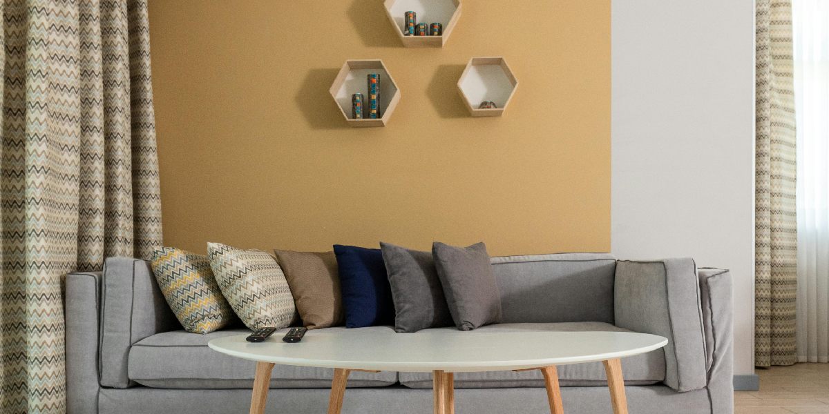 Modern Home Decor Ideas: Living Area With Hexagonal Wooden Floating Shelves