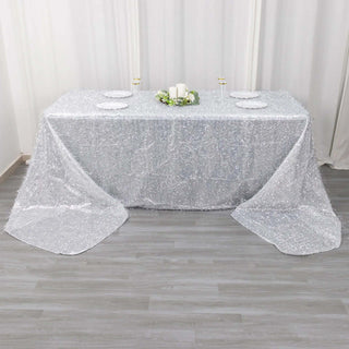 90x156inch Metallic Silver Premium Tinsel Shag Rectangular Tablecloth, Shimmery Metallic