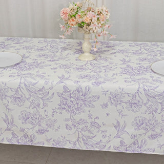 Polyester Rectangular Tablecloth 60x102inch White with Lavender Lilac French Toile Pattern