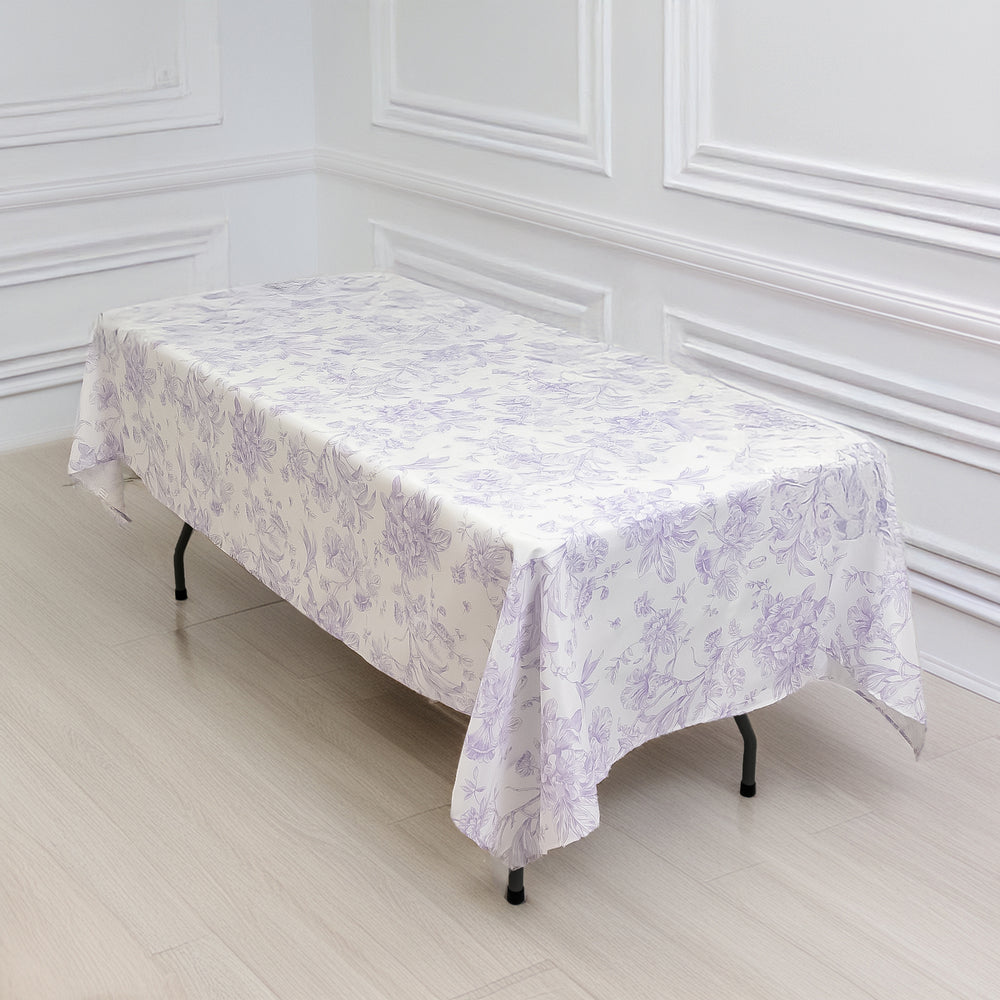 Polyester Rectangular Tablecloth 60x102inch White with Lavender Lilac French Toile Pattern