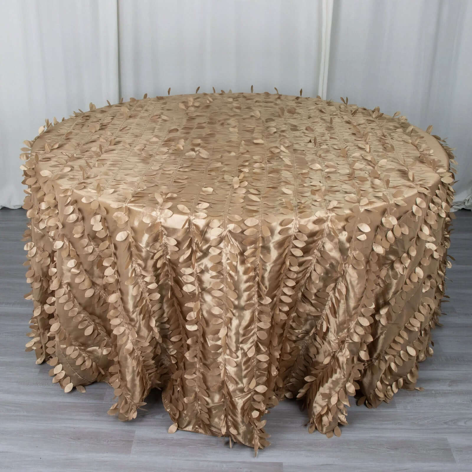 Taupe 3D Leaf Petal Taffeta Fabric Seamless Round Tablecloth 120" for 5 Foot Table With Floor-Length Drop