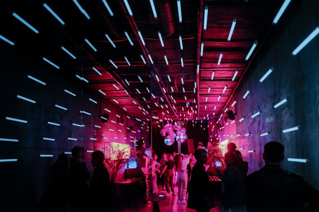 Neon lights with disco ball decor