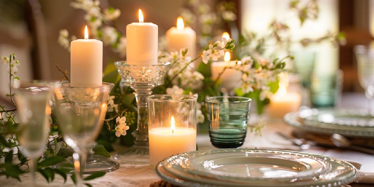 Modern Home Decor Ideas: Table Setting With Candles, Greenery, And Dinnerware