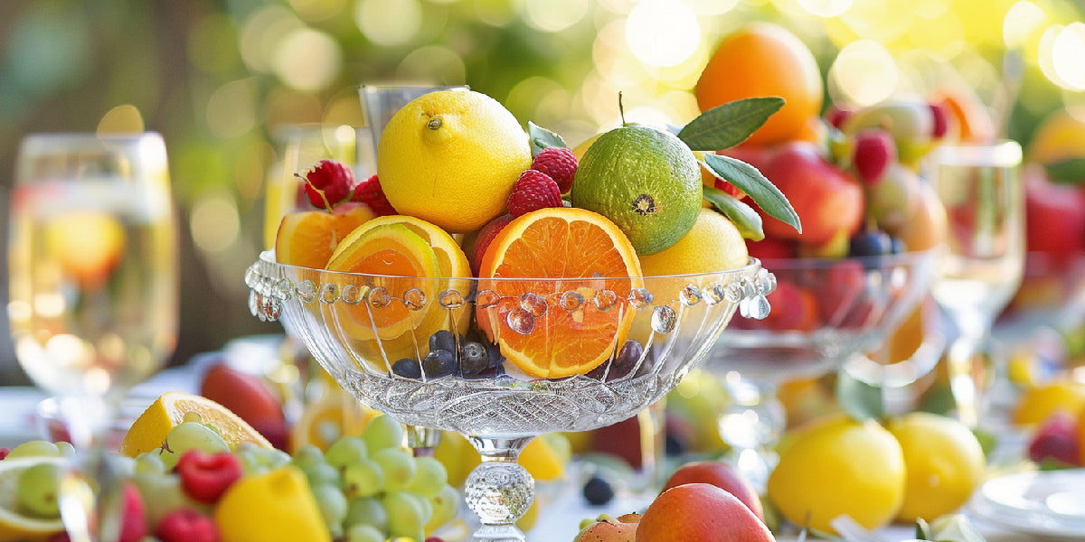 Colorful fruit mix in glass bowl: DIY centerpiece ideas with sliced oranges, lemons, strawberries, and limes