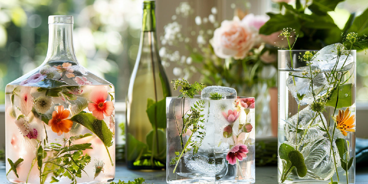 Bottles and vases with flowers, leaves in water for DIY centerpiece ideas