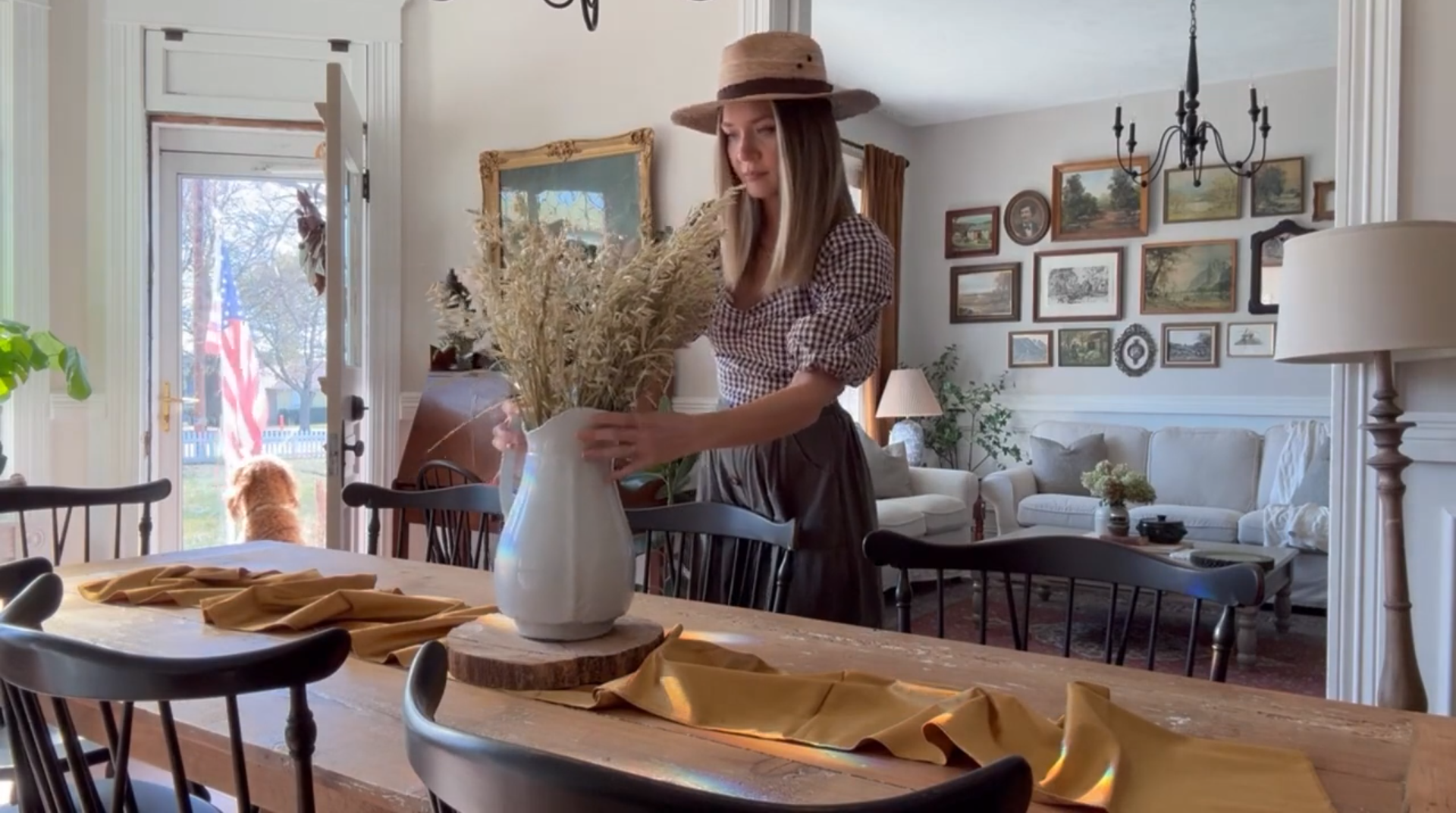 White pitcher vase with pampas sprays