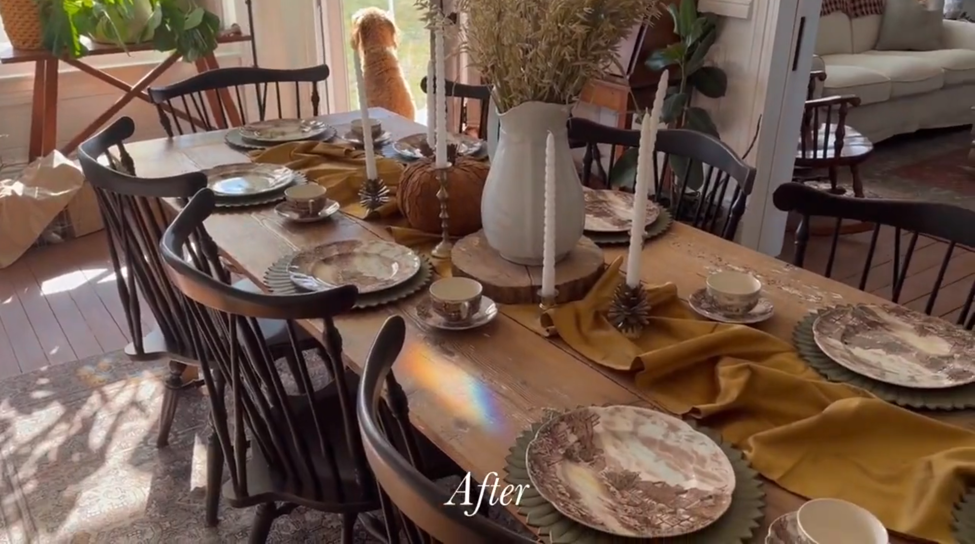 Harvest table setting with table linens, disposable dinnerware, centerpieces, and flowers