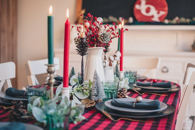 Table set up with table linens and colorful centerpieces