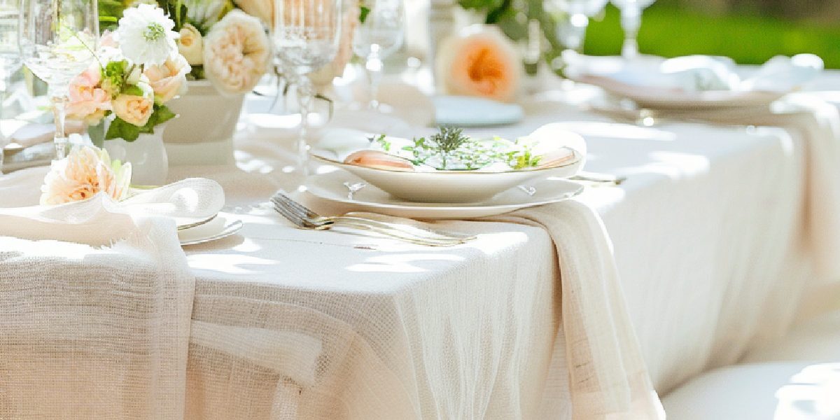 Dining setup with the best fabric for tablecloths, adorned with fine china and flowers.