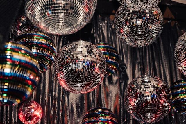 Disco balls hanging from the ceiling