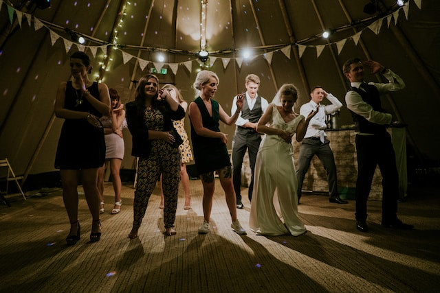 Party banners and string lights on the background