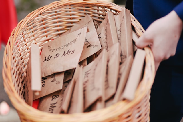 Wedding favors placed inside a basket