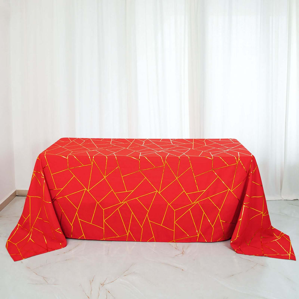Red Polyester Tablecloth With Gold Foil Geometric Pattern 90 Inch x 132 Inch Rectangle