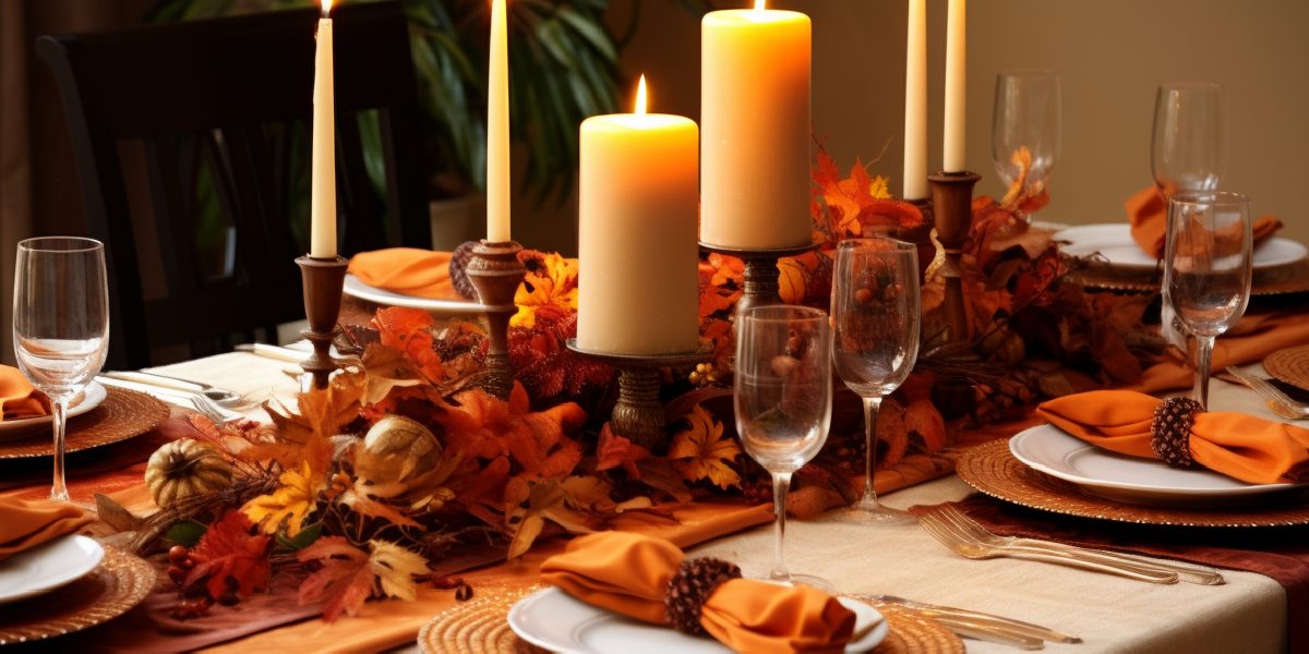 Candles, autumn leaves, pine cones, pumpkins on table for DIY centerpiece ideas