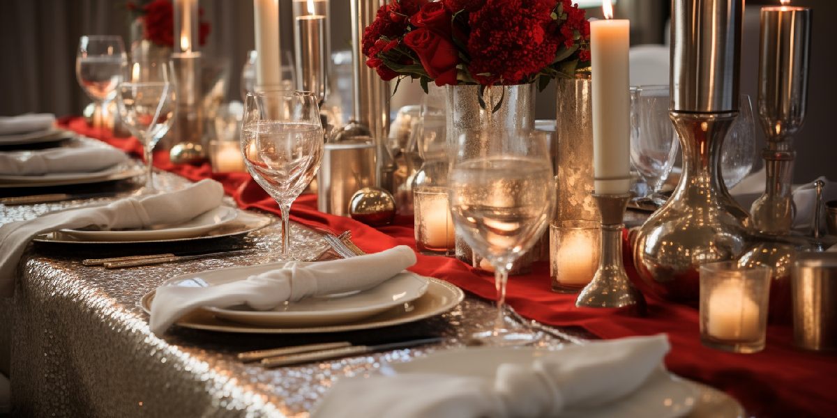 table setting with napkins, red flowers, and tall candles