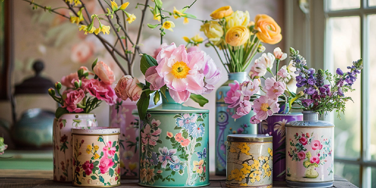 Vibrant floral diy centerpiece ideas with painted vintage cans