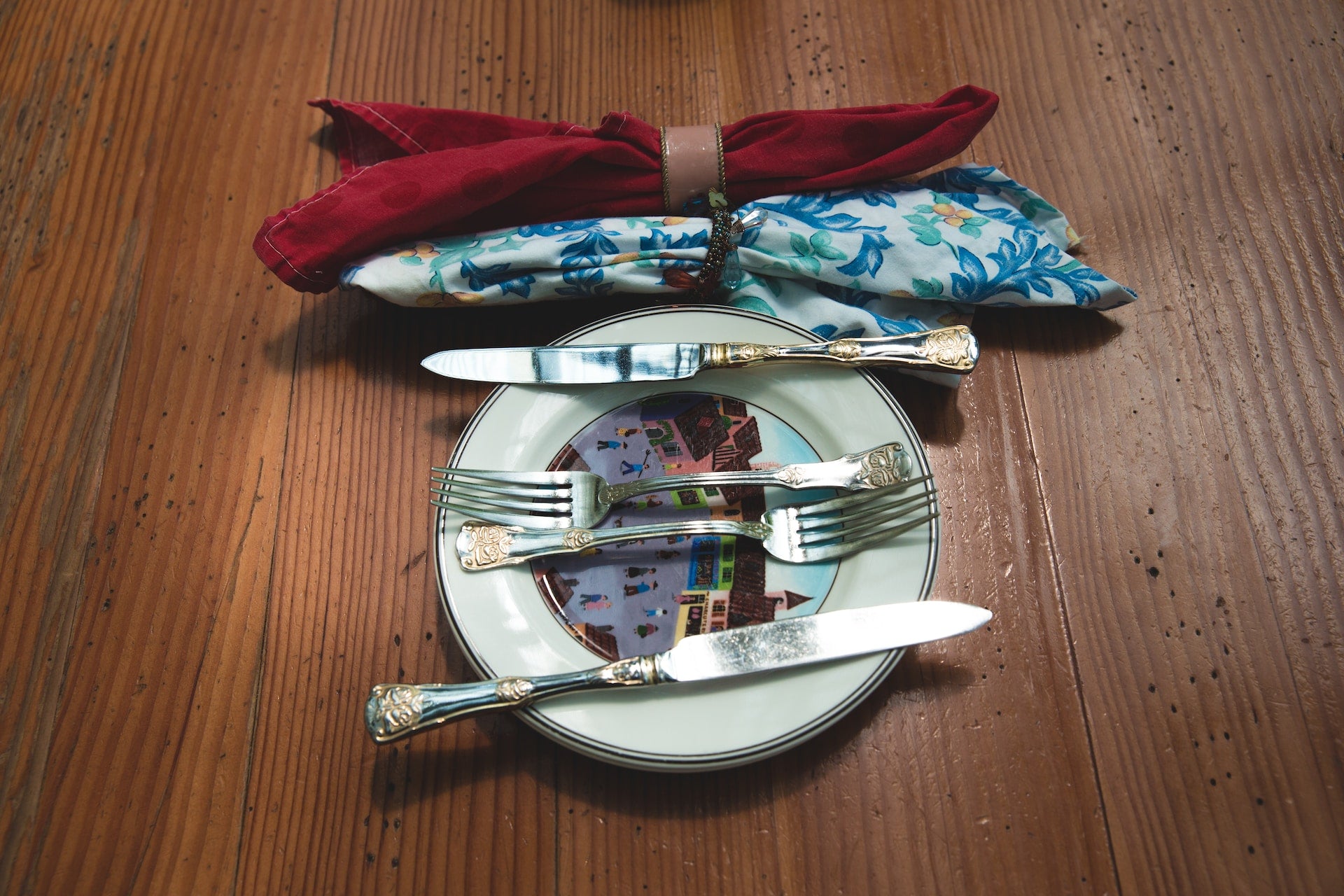Silverware arranged on top of a dinner plate