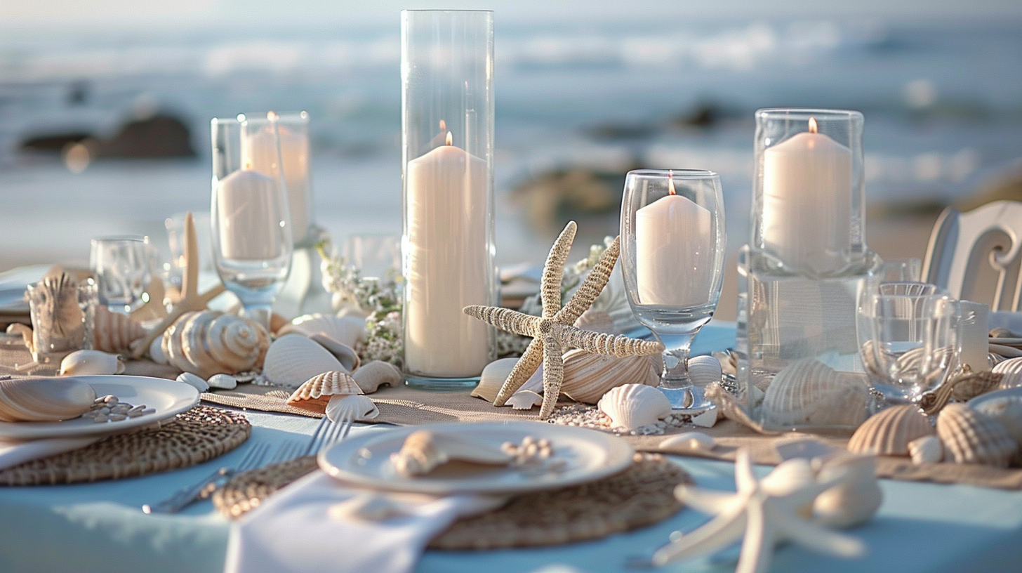 Seashore summer table decorations with shells and candles.