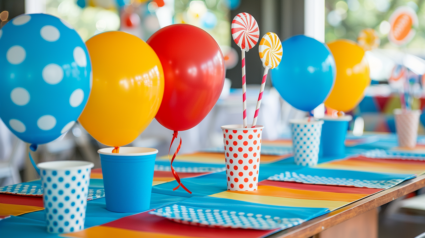 Bright summer table decorations with colorful balloons and polka dots.