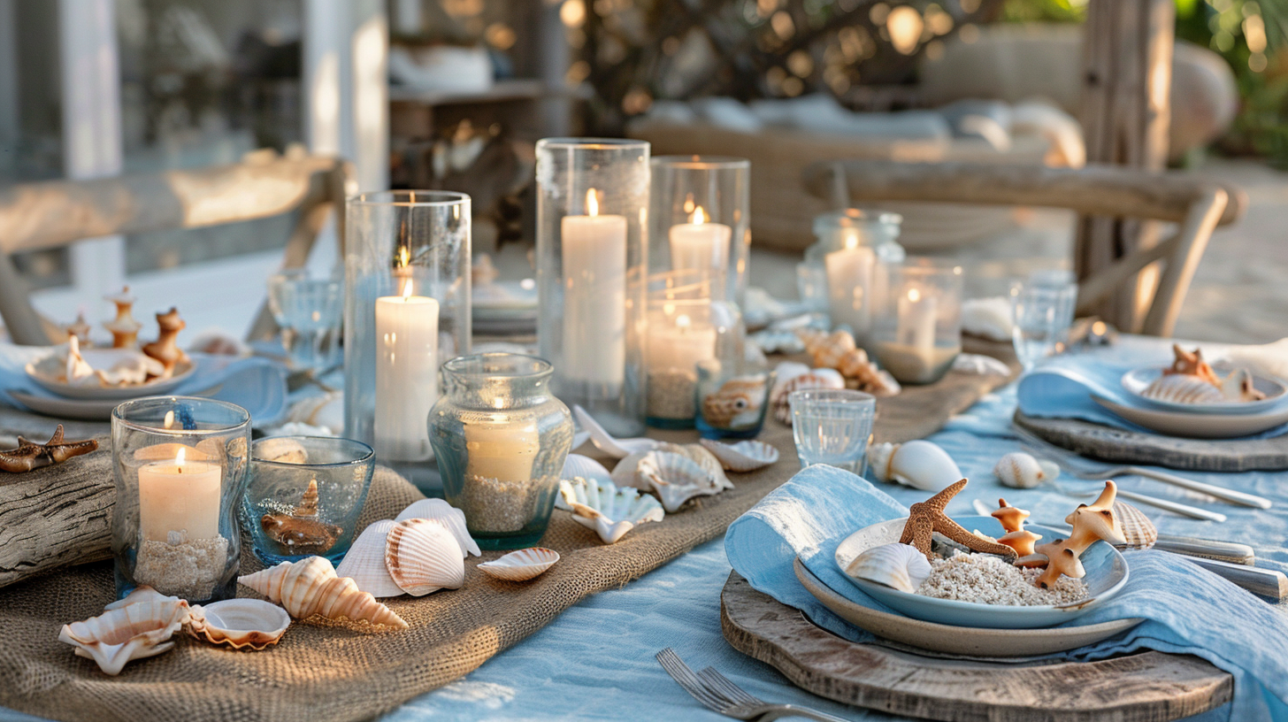 Coastal summer table decorations with sand and seashells.