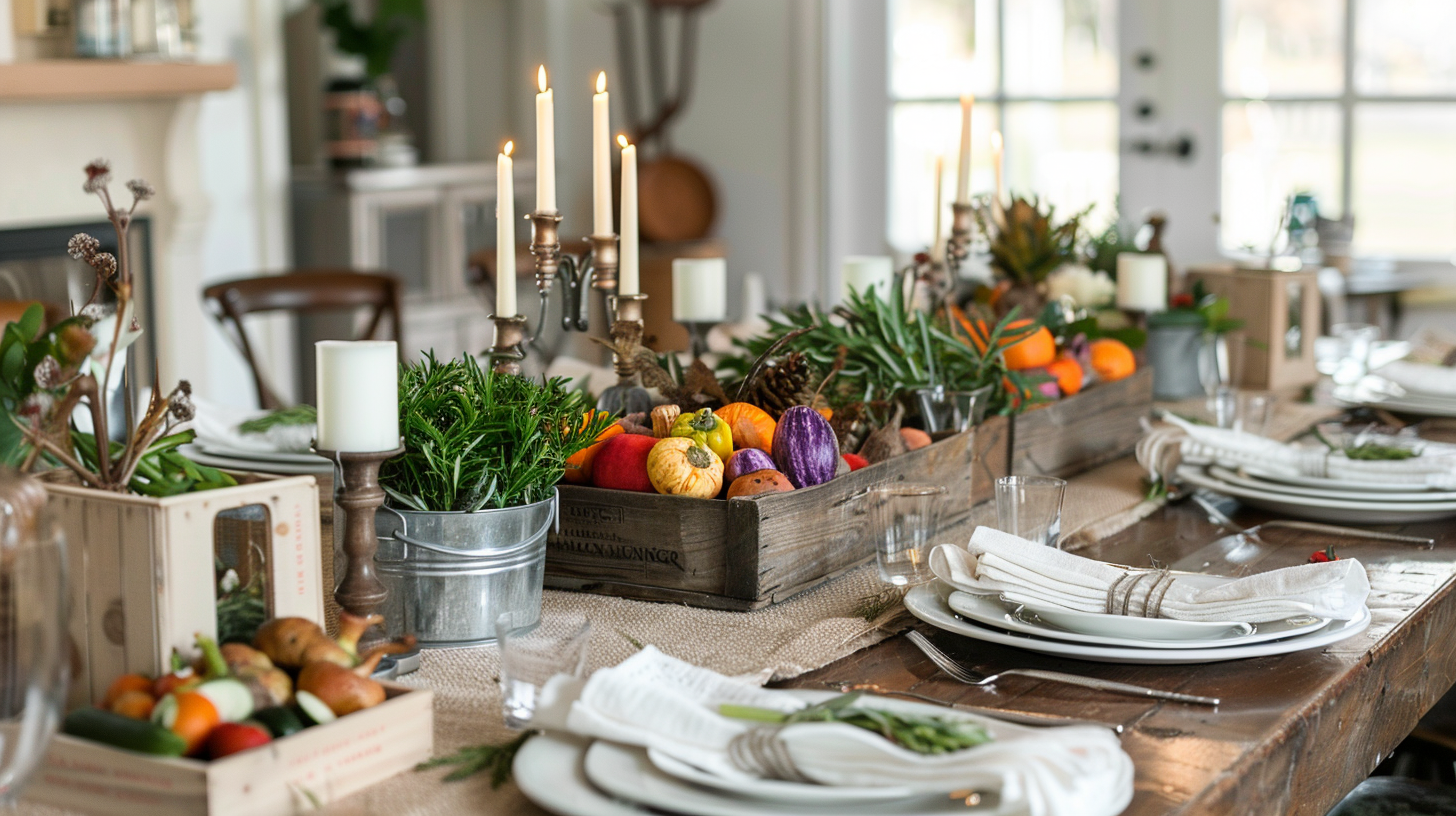 Rustic summer table decorations with herbs and candles.