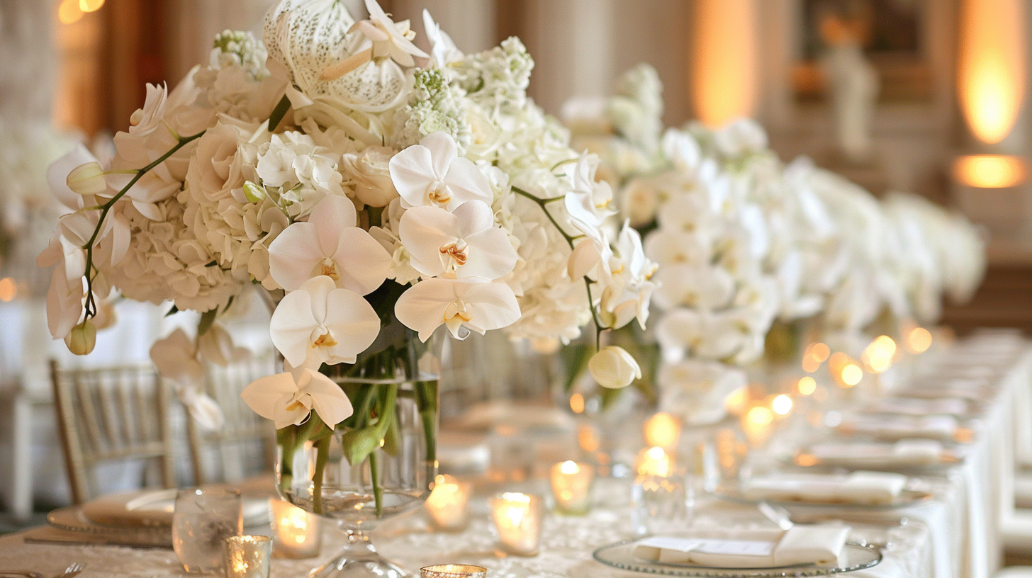 Elegant white orchid arrangements for summer table decorations.