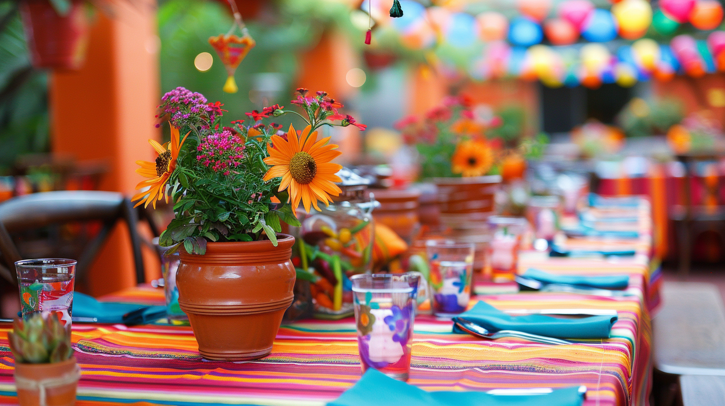 Fiesta-themed summer table decorations with bright flowers.