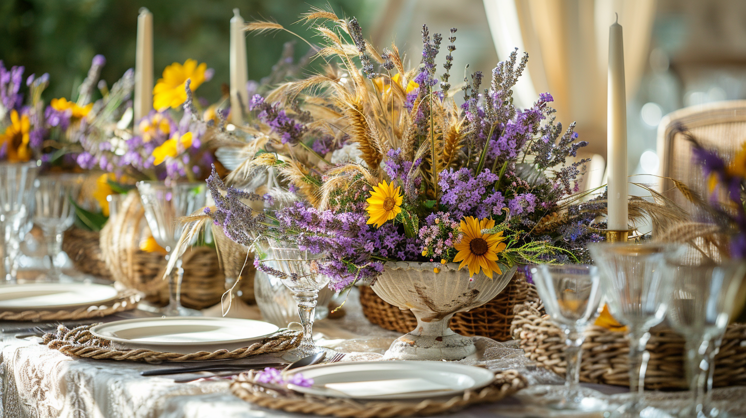 Rustic summer table decorations with lavender and wheat in a basket.