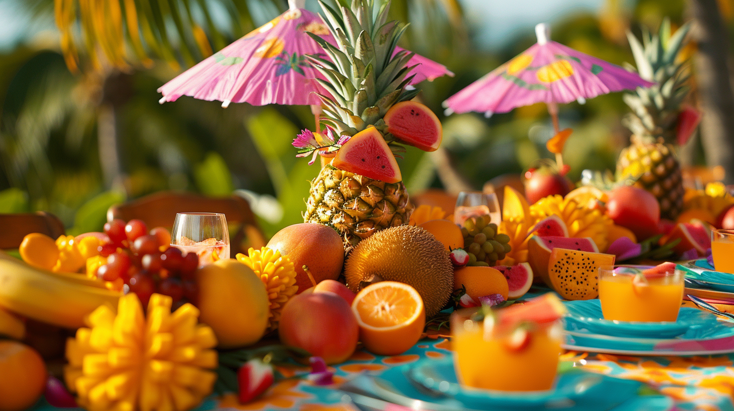 Vibrant summer table decorations with tropical fruits and umbrellas.