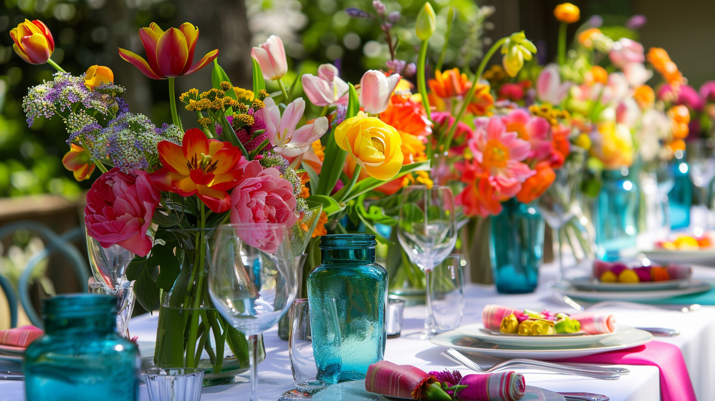 Bright and colorful summer table decorations with tulips.