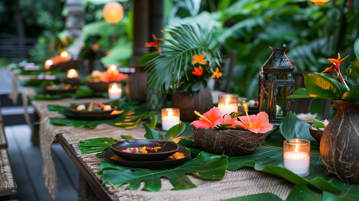 Lush summer table decorations with tropical leaves and candles.