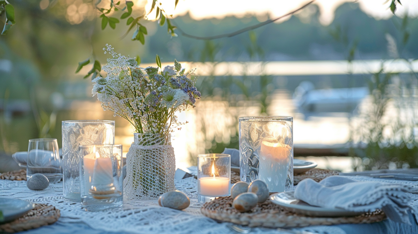 Soft summer table decorations by a lake with candles and wildflowers.