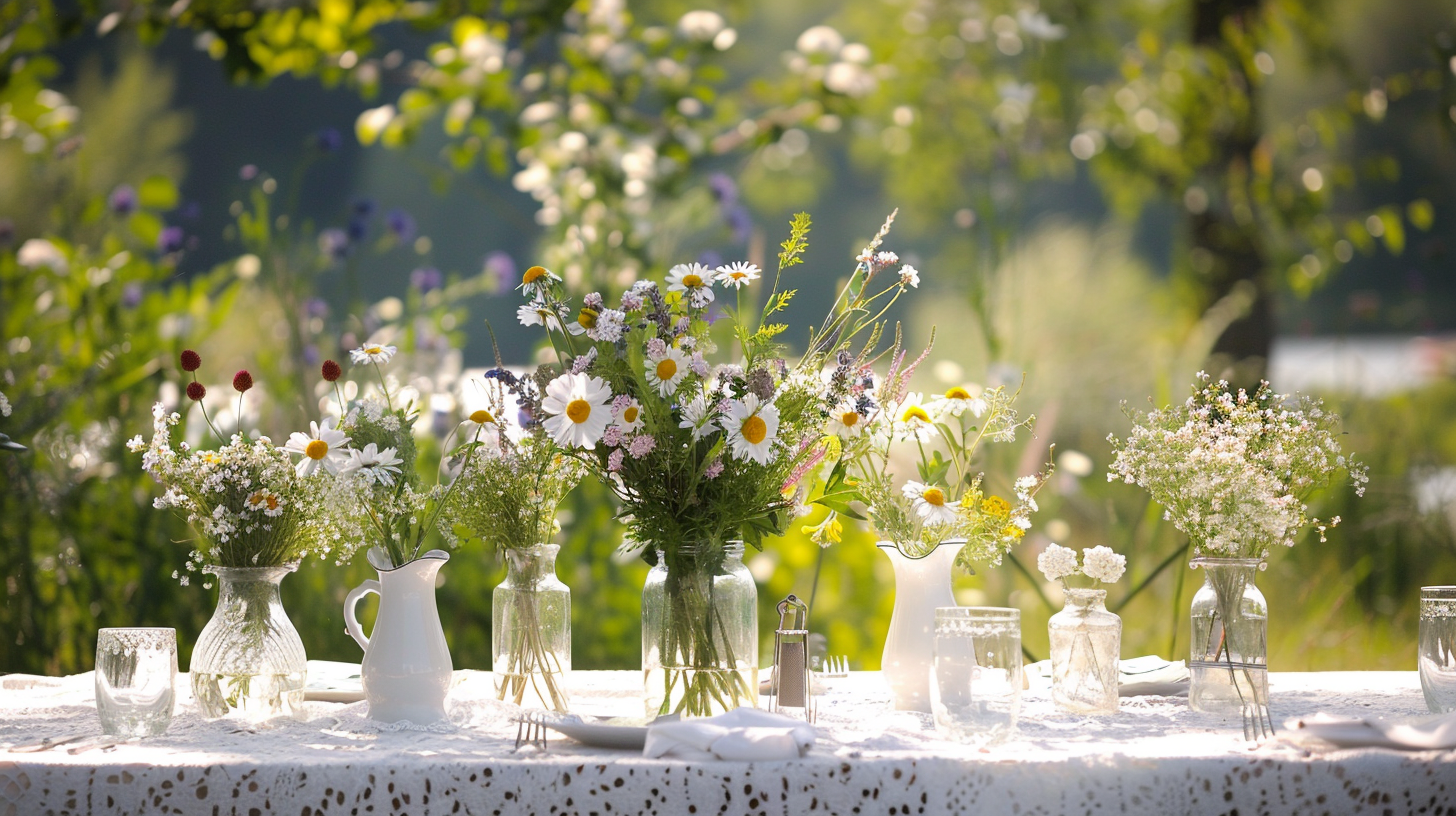 Rustic summer table decorations with wildflowers and lace.