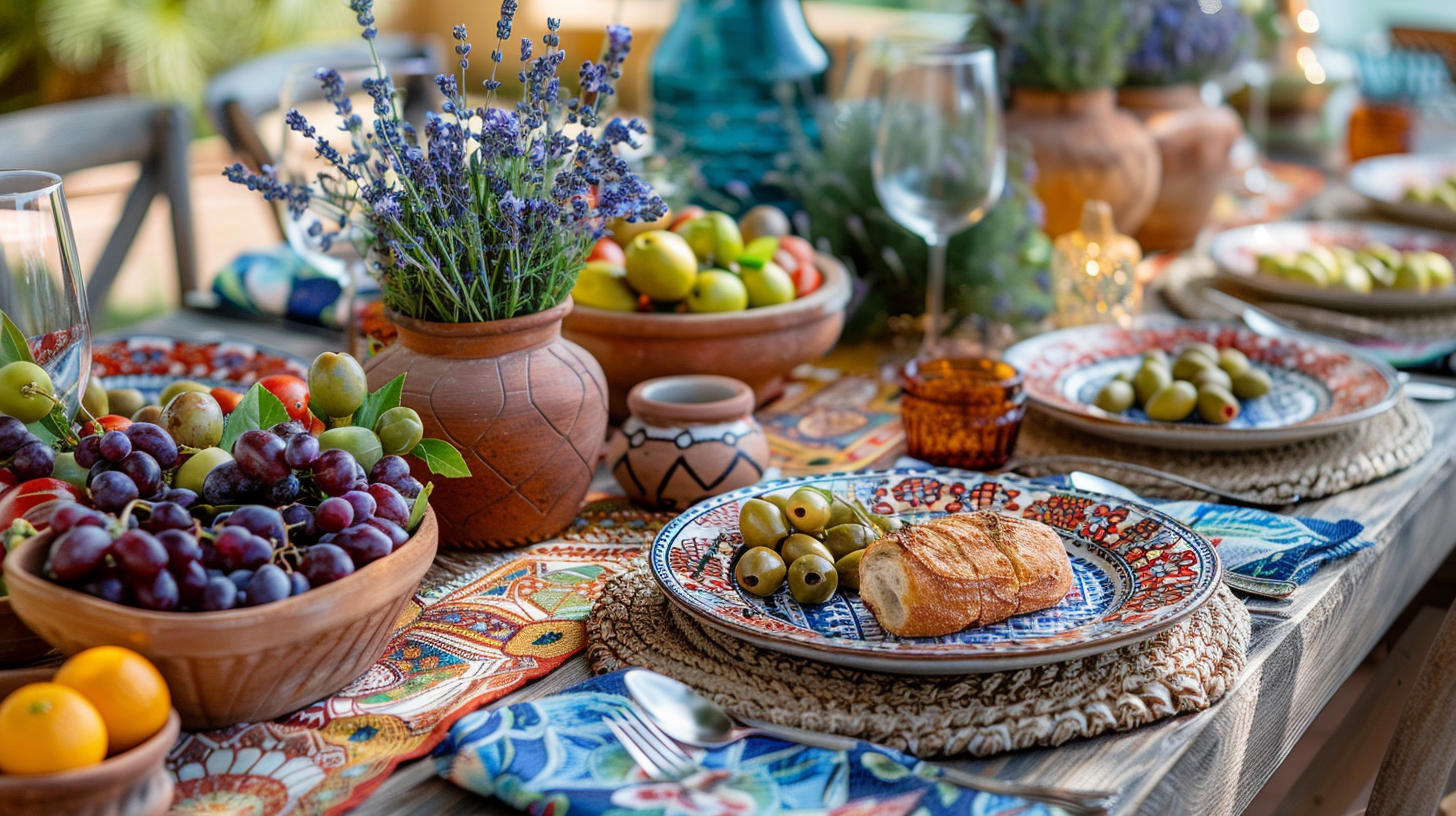 Mediterranean-inspired summer table decorations with fresh fruits.