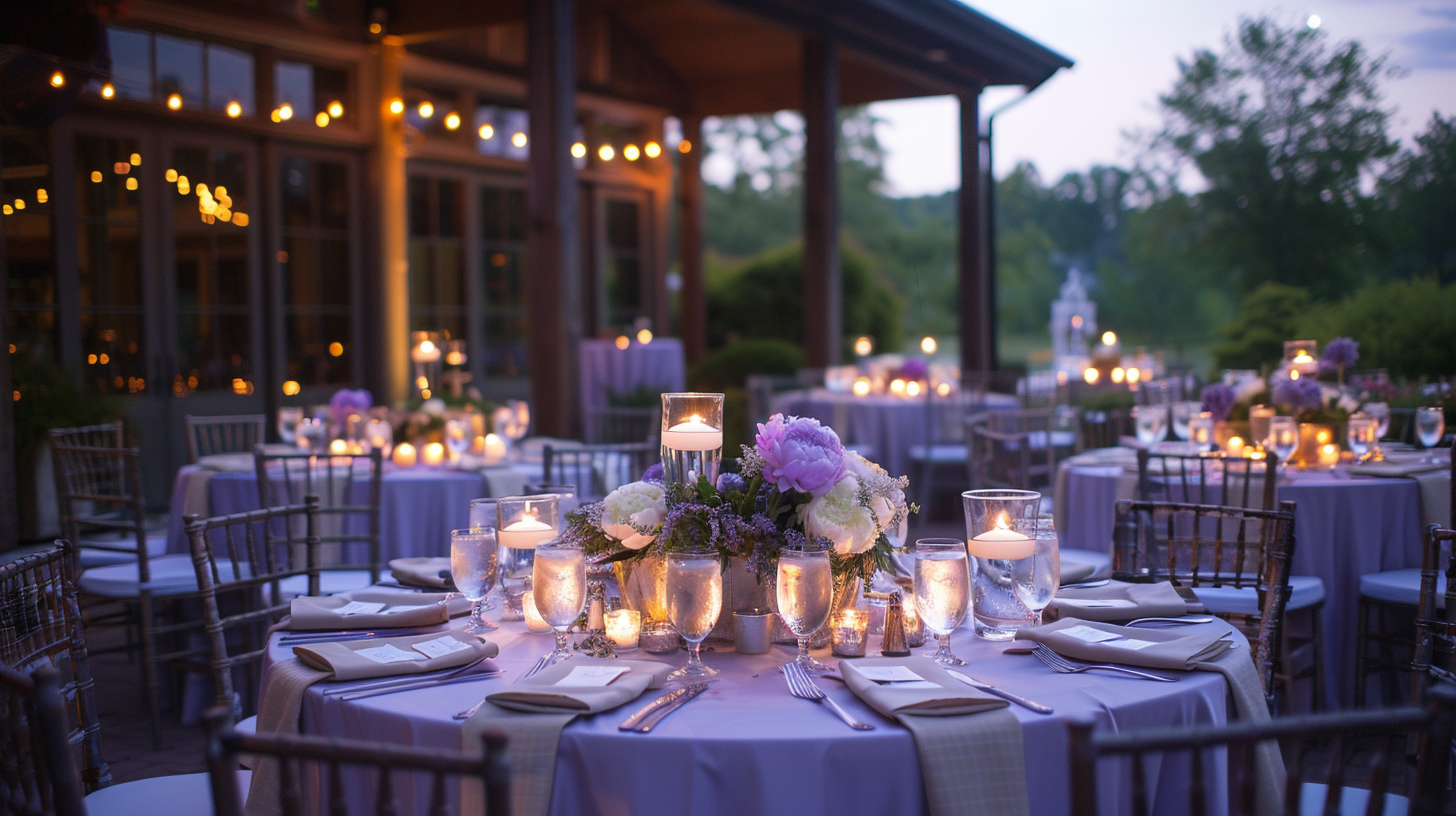 Elegant summer table decorations at dusk with candles and flowers.