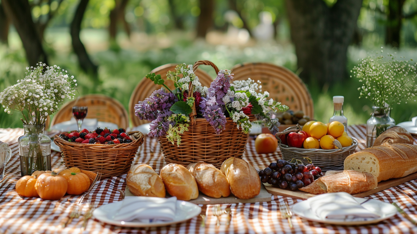 Country picnic summer table decorations with baskets and bread.
