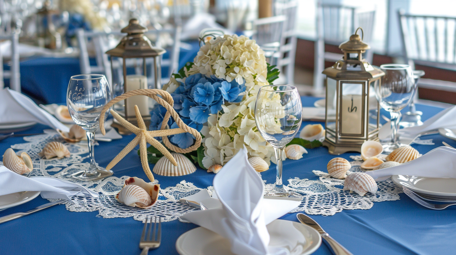 Nautical summer table decorations with hydrangeas and shells.