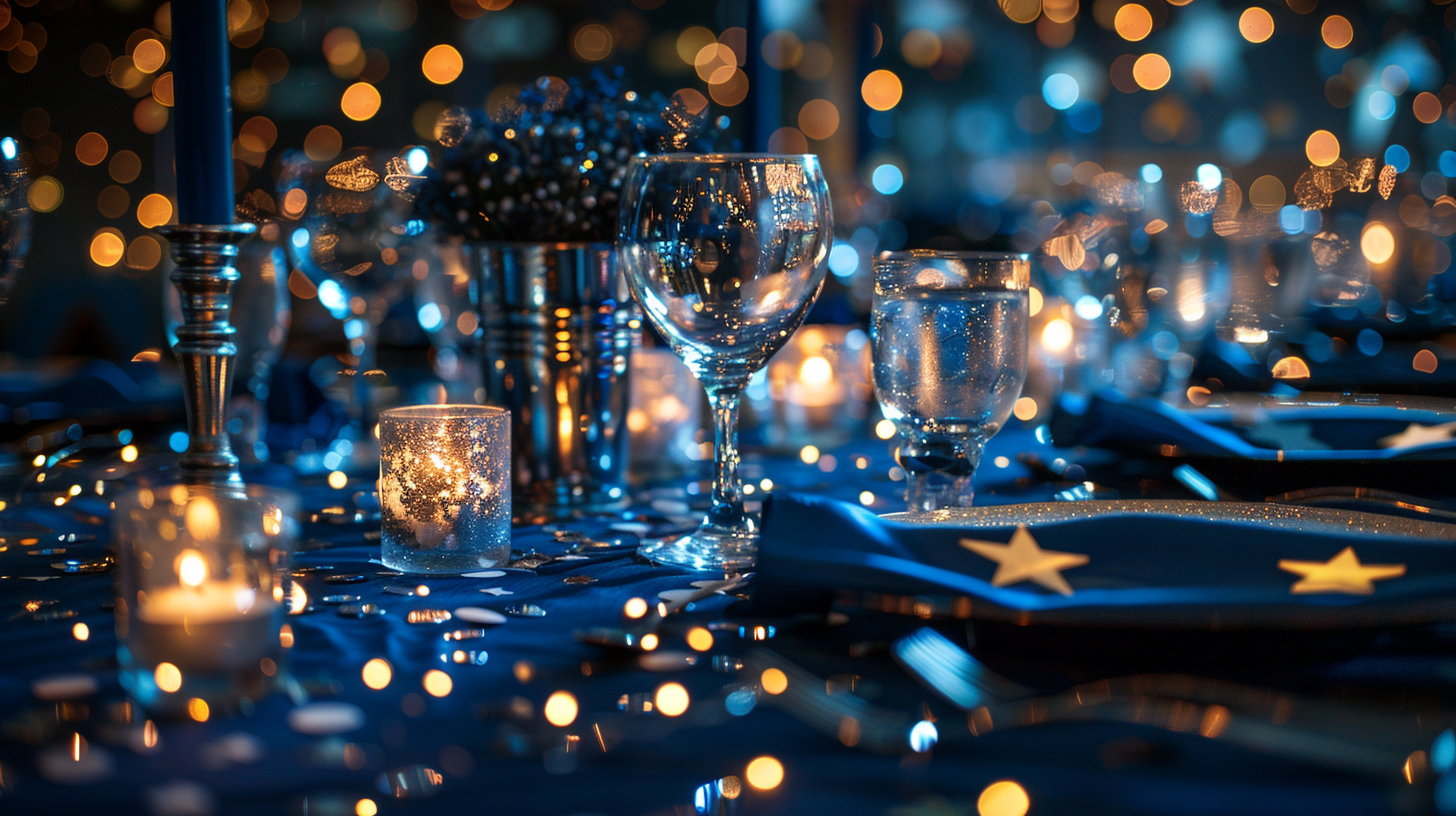 Sparkling blue summer table decorations with candlelight.