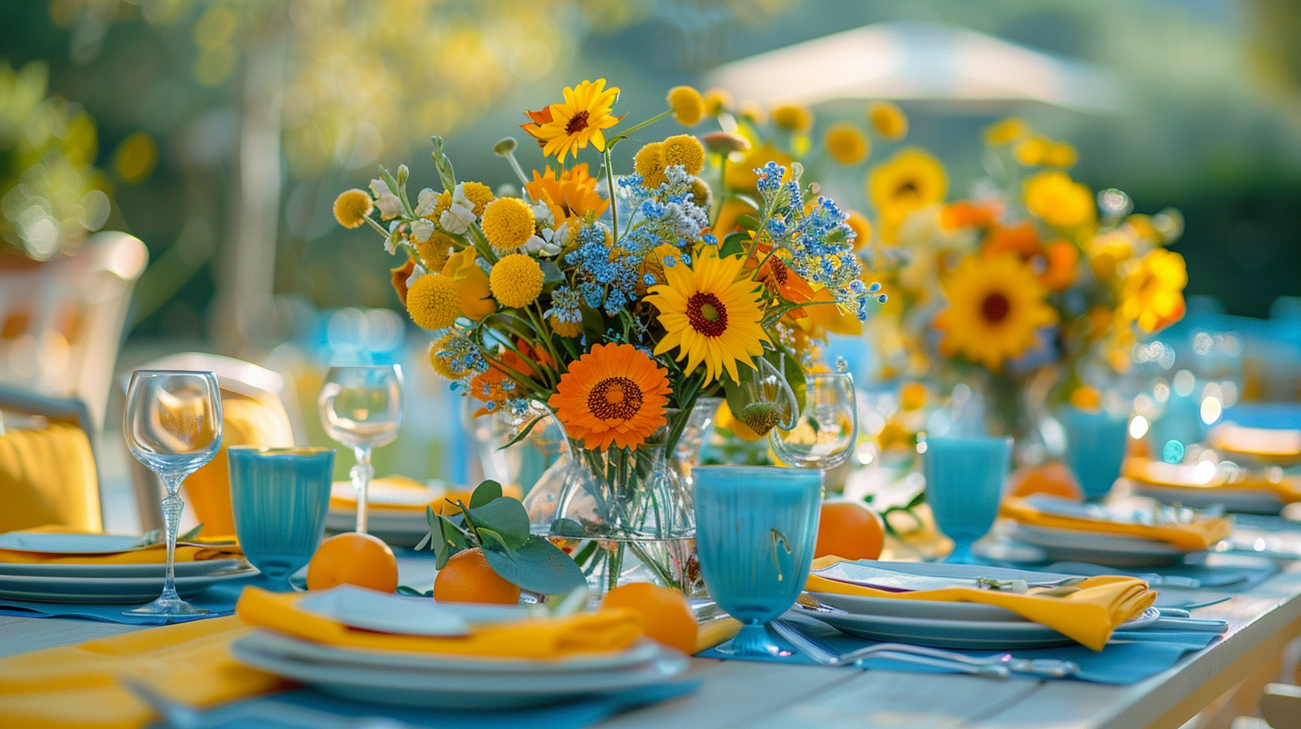 Bright sunflower summer table decorations on a sunny day.