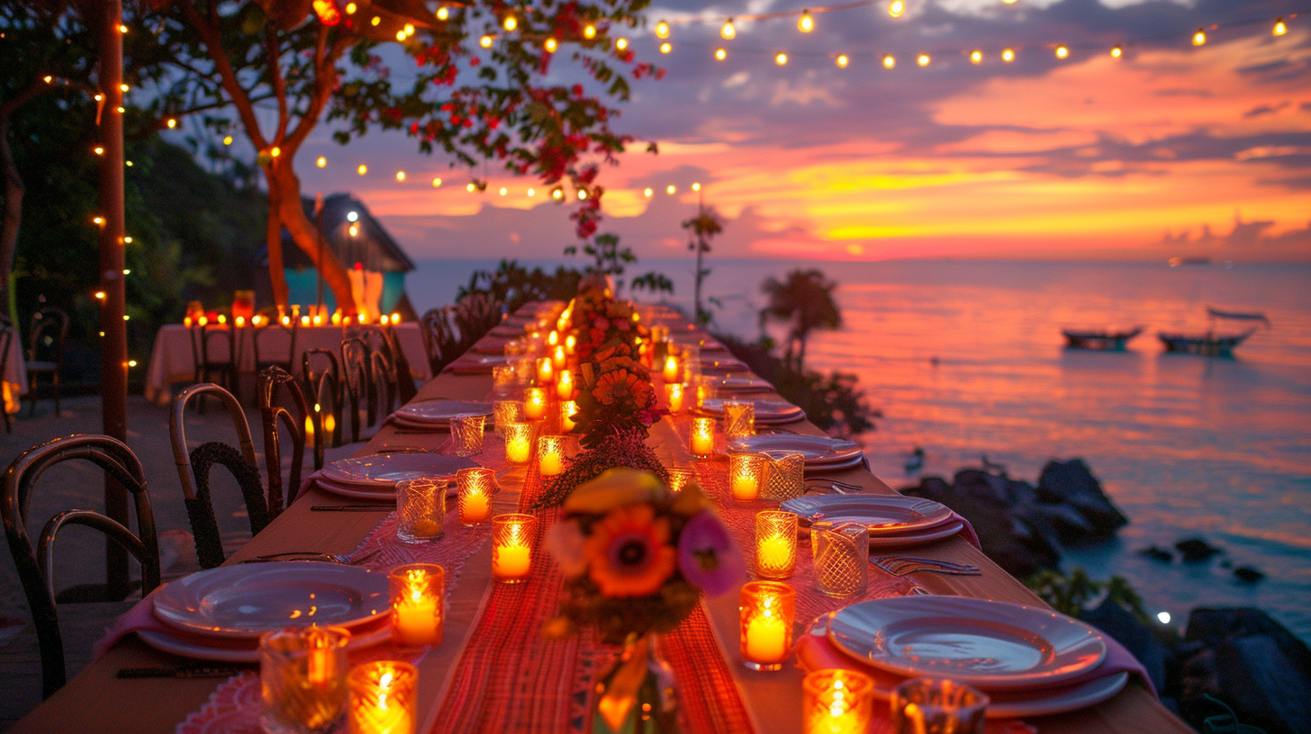 Romantic sunset summer table decorations by the sea.