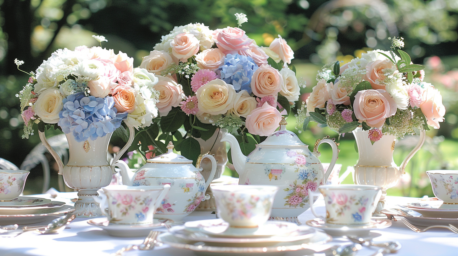 Vintage teapots with roses for summer table decorations.