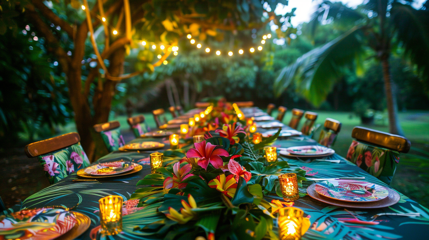 Lush tropical summer table decorations with vibrant florals.