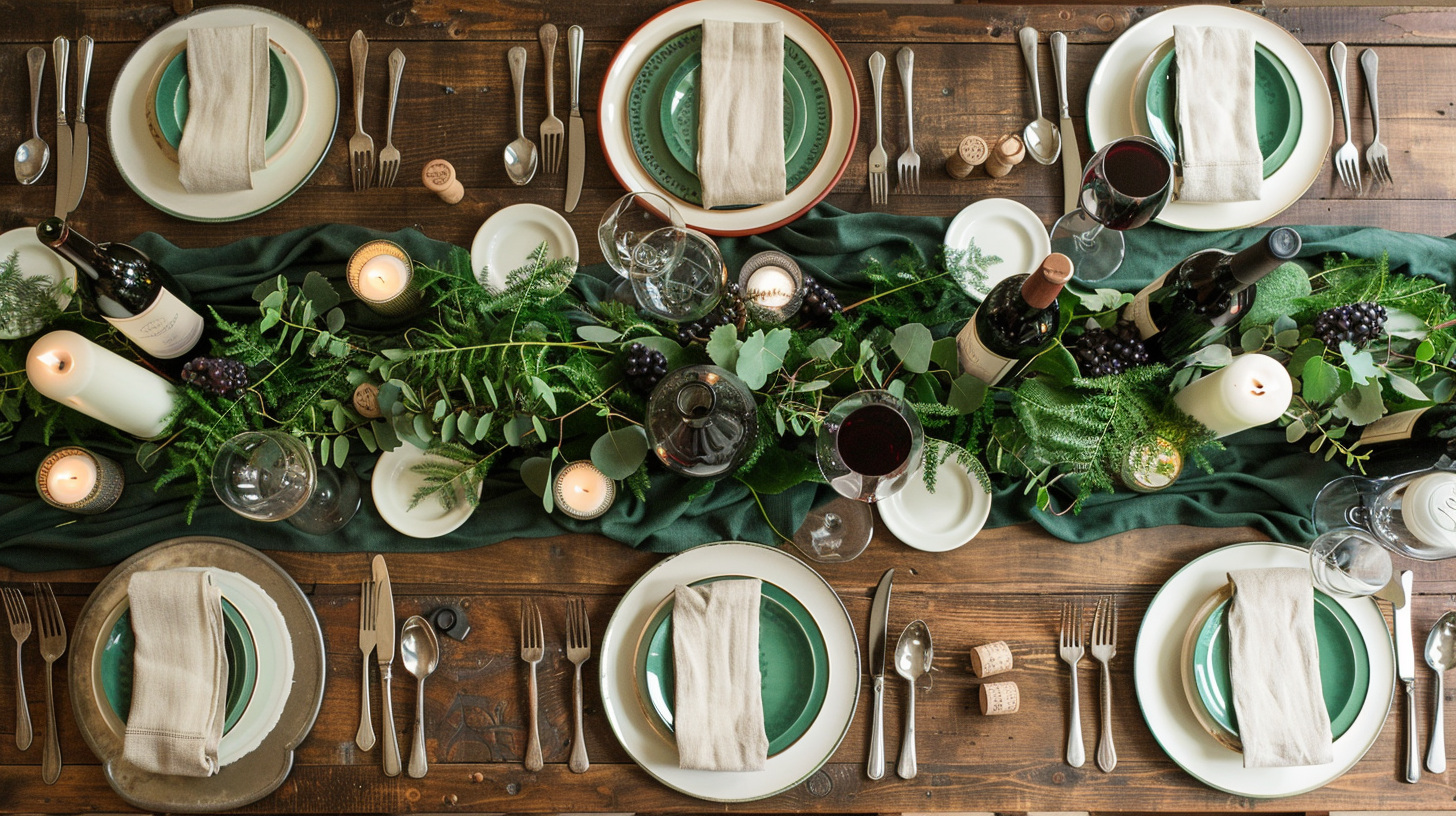 Greenery-themed summer table decorations with wine and candles.