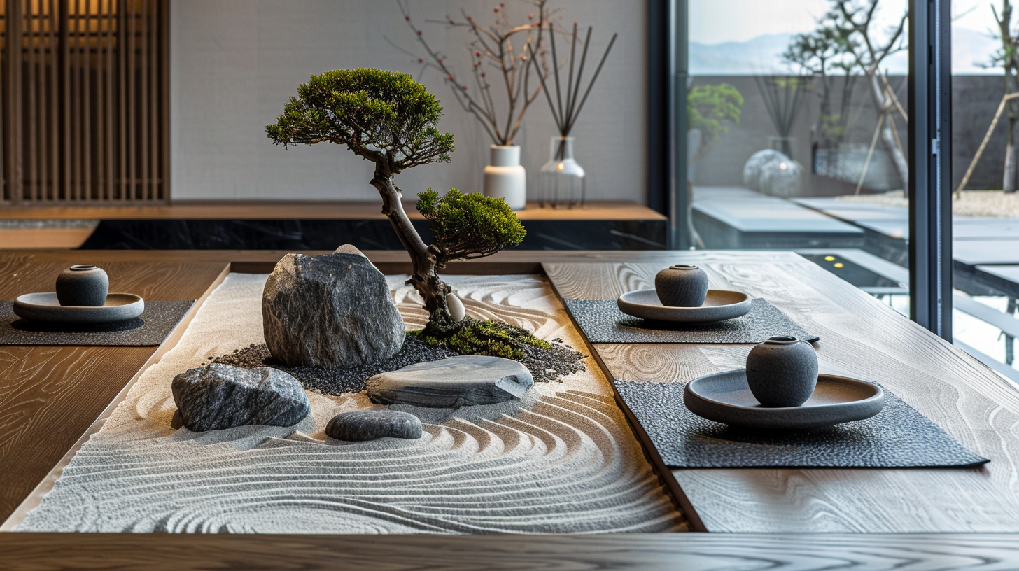 Zen garden summer table decorations with bonsai and smooth stones.