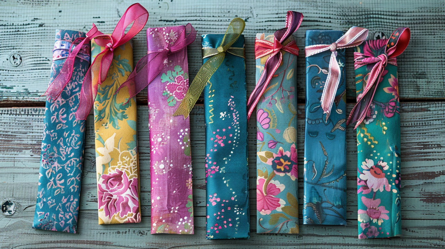 Elegant bookmarks crafted from fabric ribbons, a fabric craft idea.