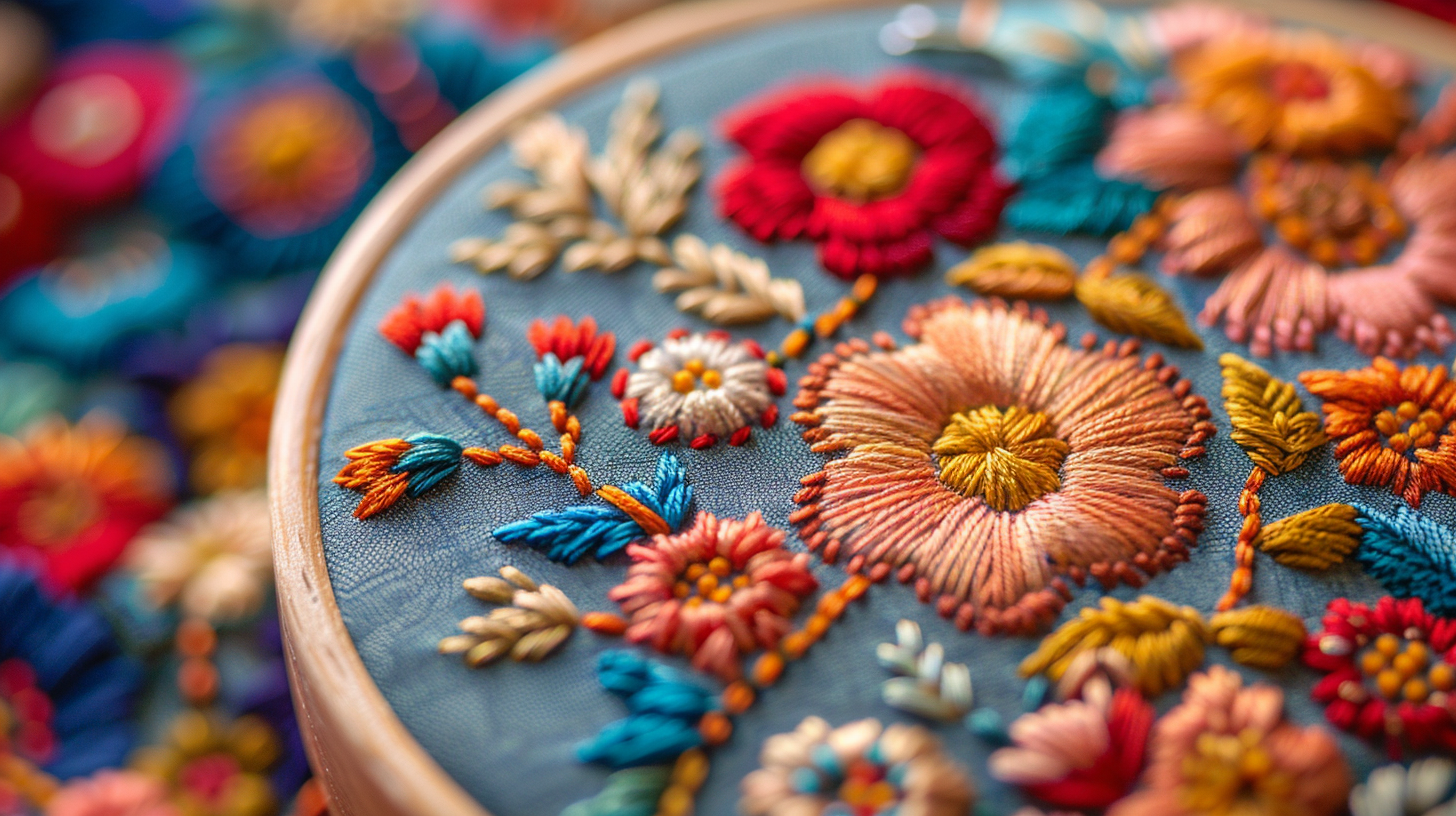 Close-up of vibrant embroidery, a classic fabric craft idea.
