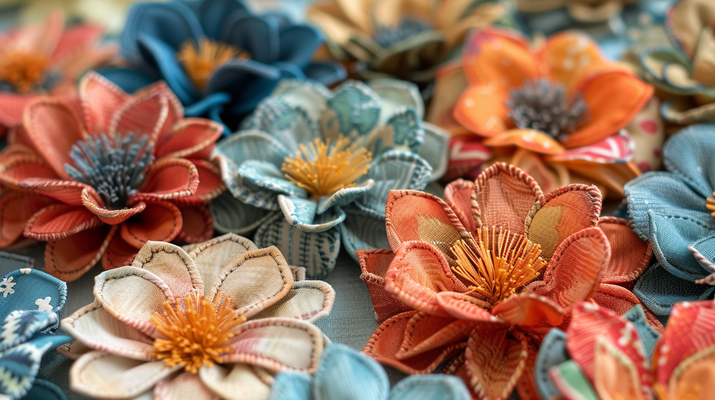 Delicate fabric flowers, perfect for fabric craft ideas.