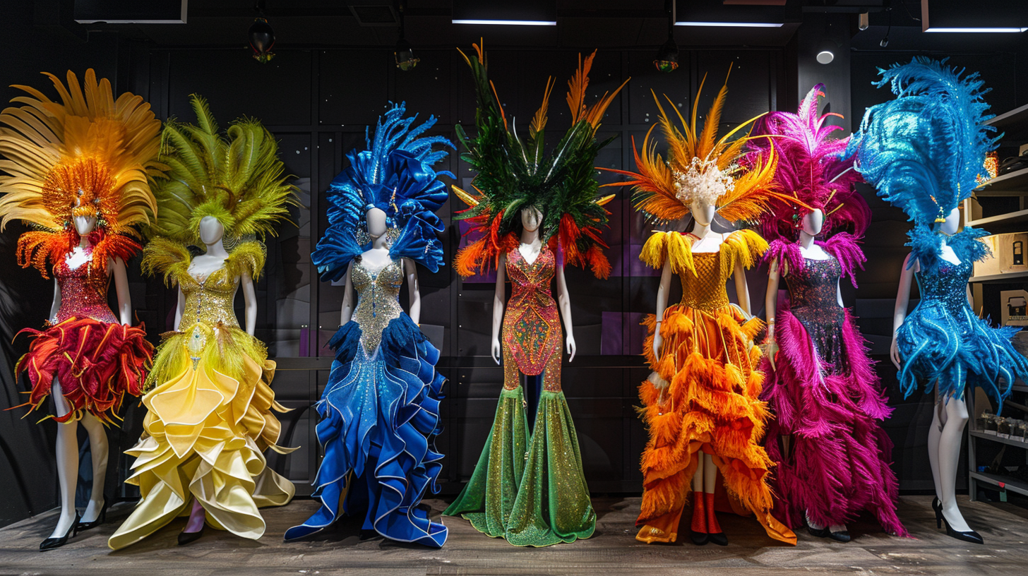 Vivid costumes on mannequins showcasing fabric craft ideas.