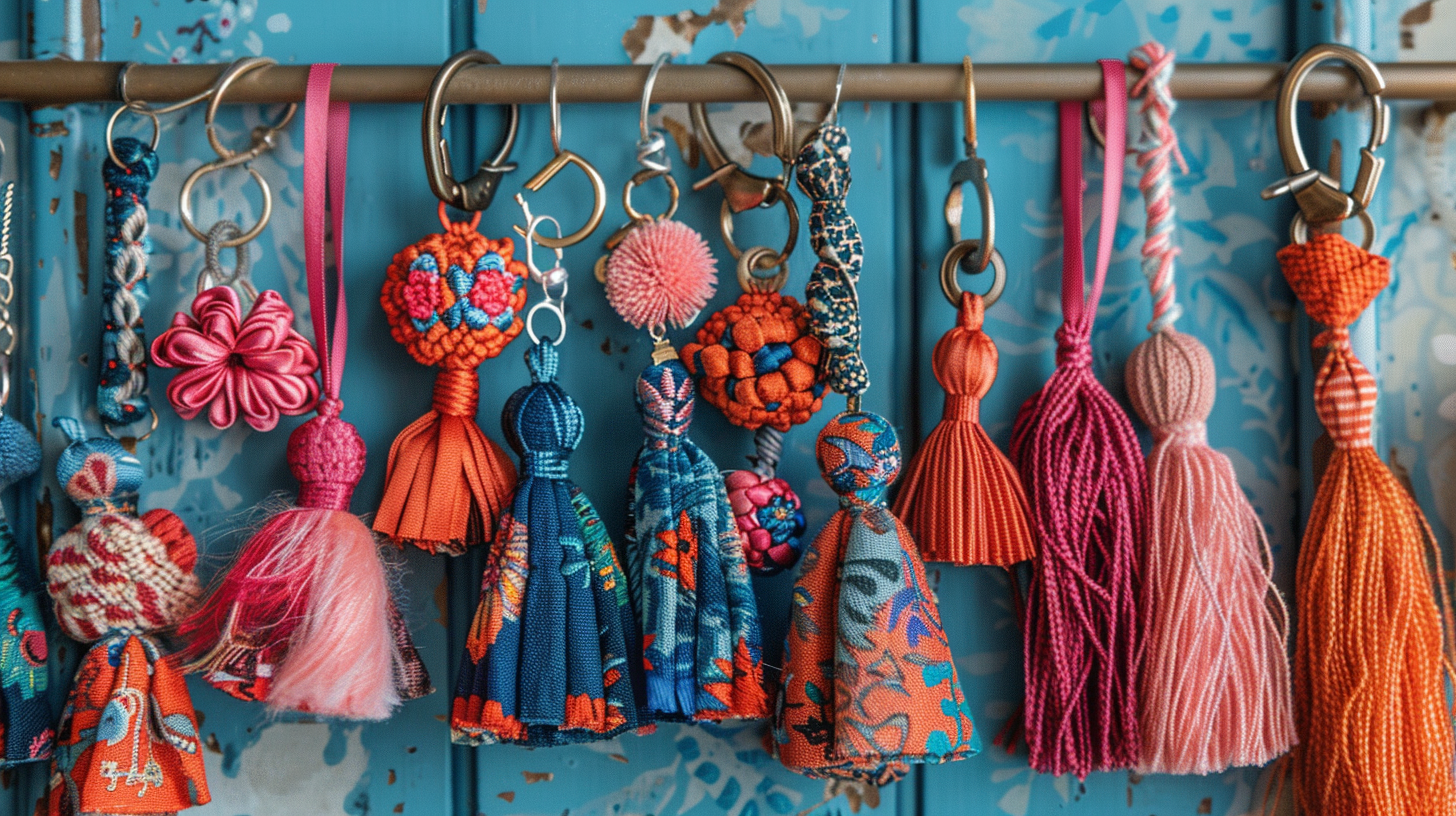 Colorful keychains and ribbon tassels as fabric craft ideas.