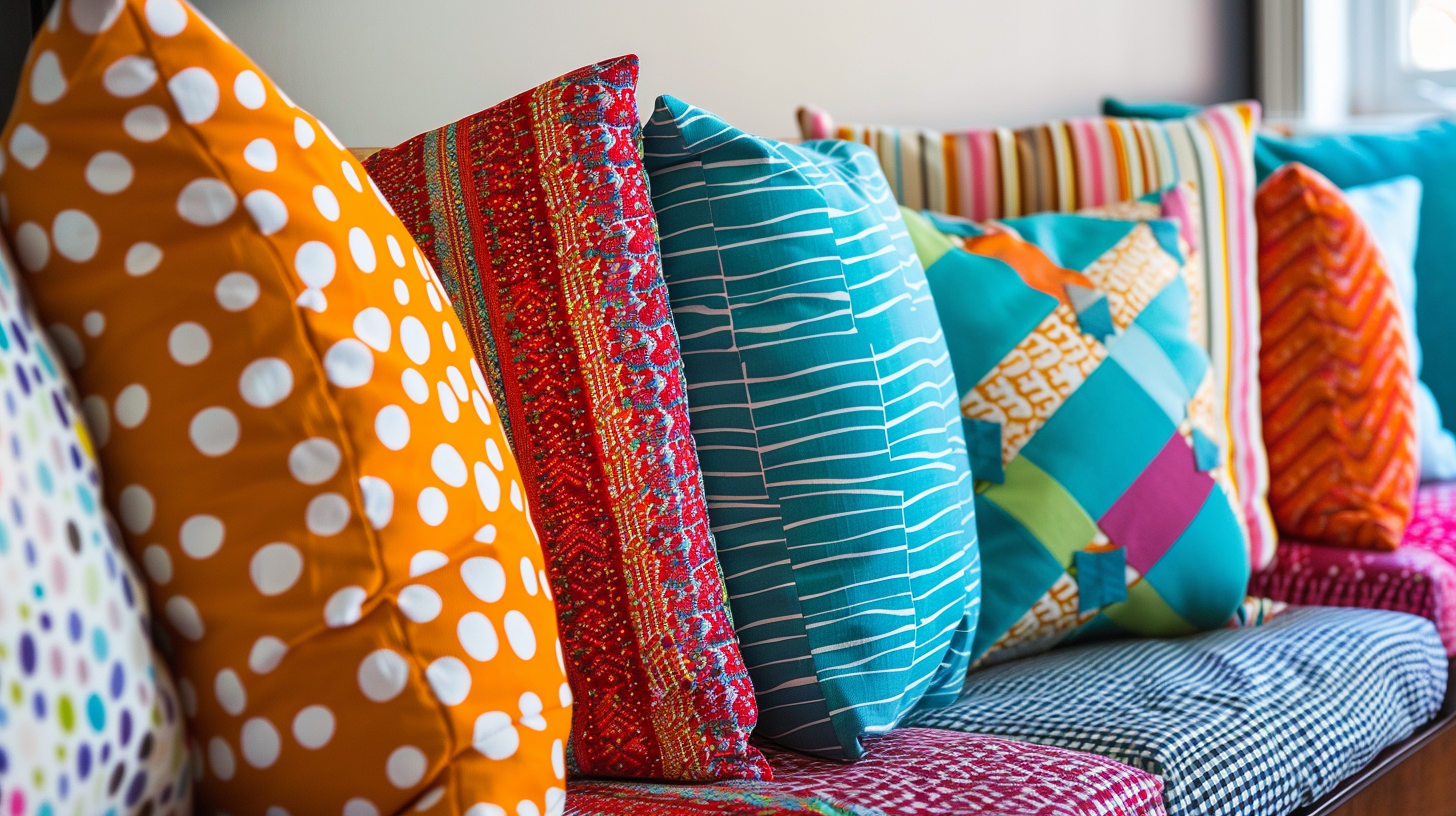 Brightly patterned pillows demonstrating fabric craft ideas.